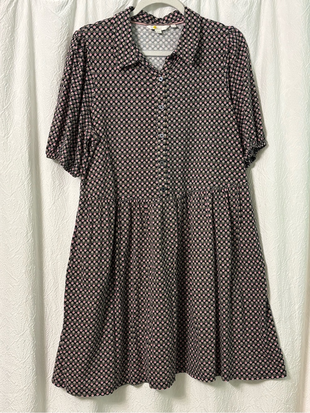 Boden Black Jersey Mini Dress with Pink Floral Print And Pockets Size 14R